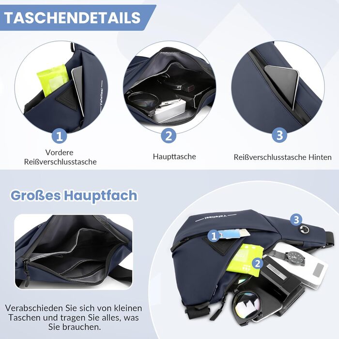 Чоловіча нагрудна сумка VARLIVOO Brusttasche - слинг-сумка, кросбоді, через плече, спортивна, для фітнесу, подорожей, кемпінгу, школи. Водонепроникний рюкзак з поліестеру, блакитний.