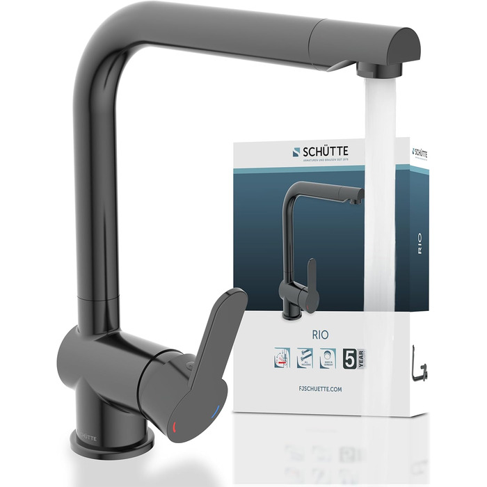 Шу́тте (SCHÜTTE) 79826 RIO - кухонний змішувач 360° з високим виливом, однорідний, для одинарної/подвійної раковини, з графітовим покриттям (графіт-глянець)