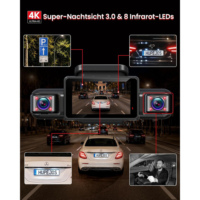 Автомобільний відеореєстратор HUPEJOS V9 4K з сенсорним екраном, 4-канальна камера 360 градусів для авто