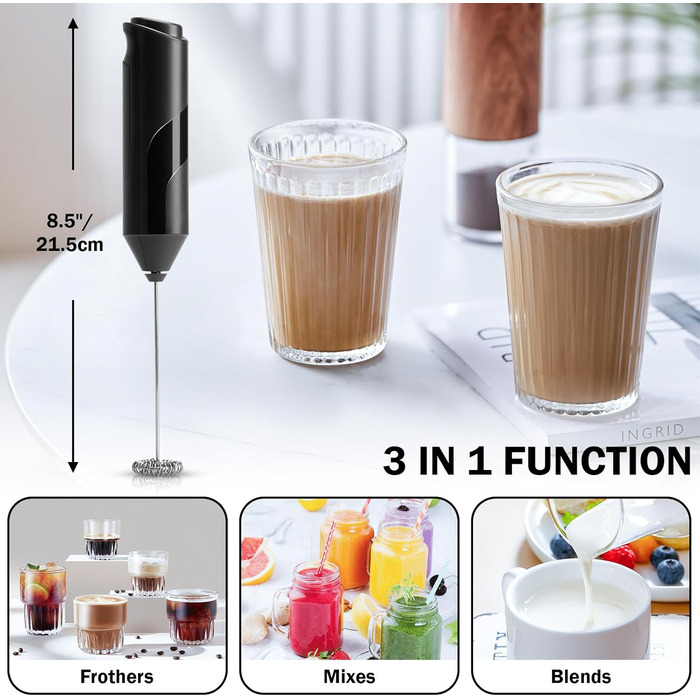 Електричний піногасник для кави TonJin: матча, лате, капучино, фраппе, шоколад. Нержавіюча сталь 304, чорний