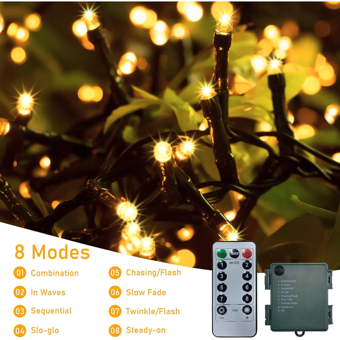 Ланцюжок прикрас (гірлянда) на батарейках, 30м, 300 LED, для внутрішнього та зовнішнього використання, з таймером, 8 режимів, водонепроникна, тепле біле світло, зелений кабель, для декору на Різдво, в сад, на вечірку