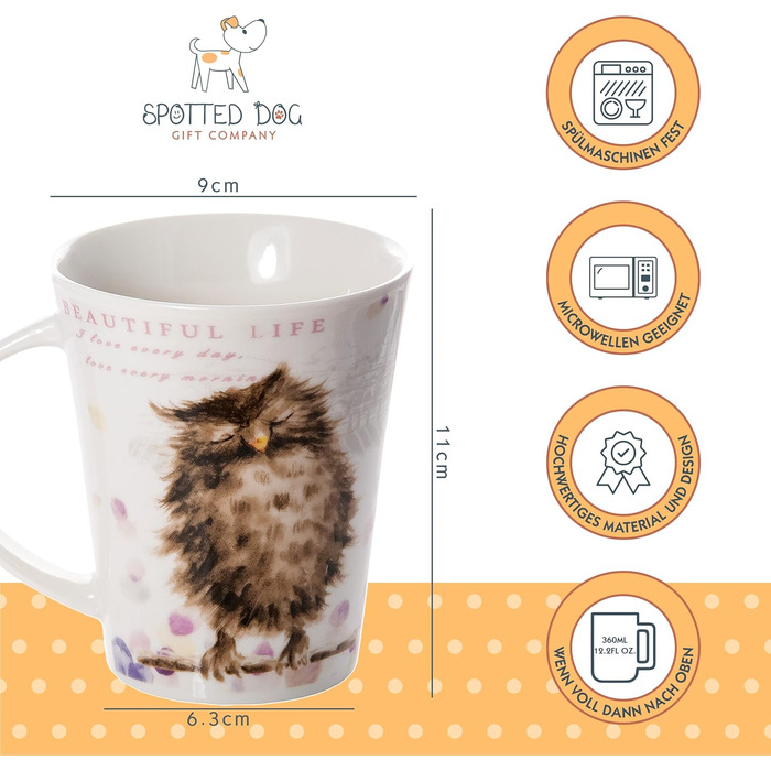 SPOTTED DOG GIFT COMPANY - Coffee mugs with beautiful animal motifs - Ceramic coffee cups - with owl, squirrel, goose, and chicken designs - Gift for animal lovers - Set of 4