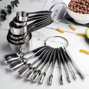 Stainless Steel Measuring Cup and Spoon Sets, Measuring Cups, Spoons, and Measuring Ruler for Dry and Liquid Ingredients, 19-Piece Set