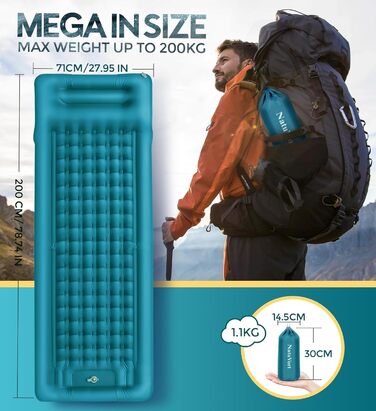 Надувний килимок Isomatte самонадувний з помпою, для кемпінгу, пікніків, пляжу, намету, блакитний, одинарний