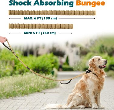 Міцна тактична повідок для собак PetBonus, 1,5м, еластична, з 2 м'якими ручками, страхувальний ремінь для авто, нашийник-антавка для дресирування, для великих та середніх собак (Армійний зелений, Хакі)