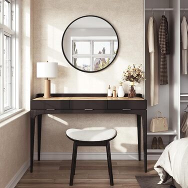 Круглий настінний дзеркало WOLTU 40 см: сучасний декор для ванної, спальні, вітальні, коридору. Дзеркало з рамою, скло, метал, MDF, з гачком. 81x81 см, чорний колір