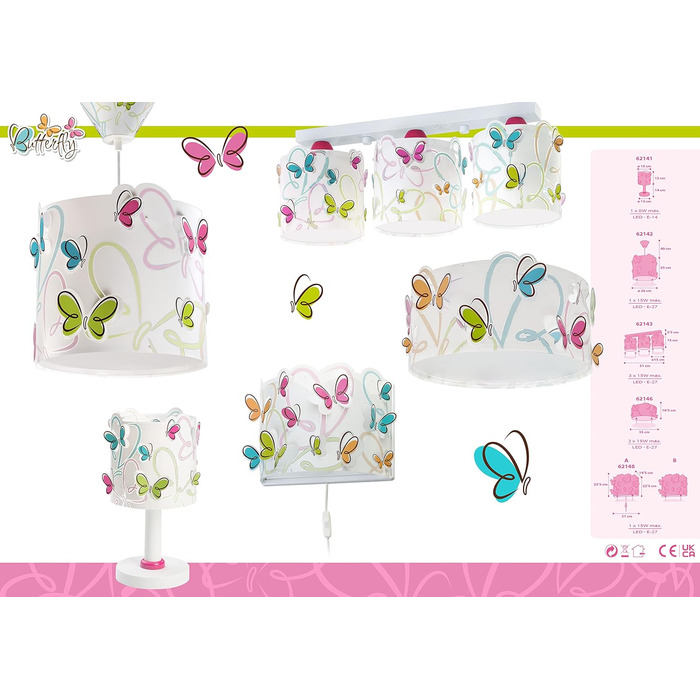 Ceiling light, 3-light, Design: Butterfly, 51 x 15 x 19 cm, Pink