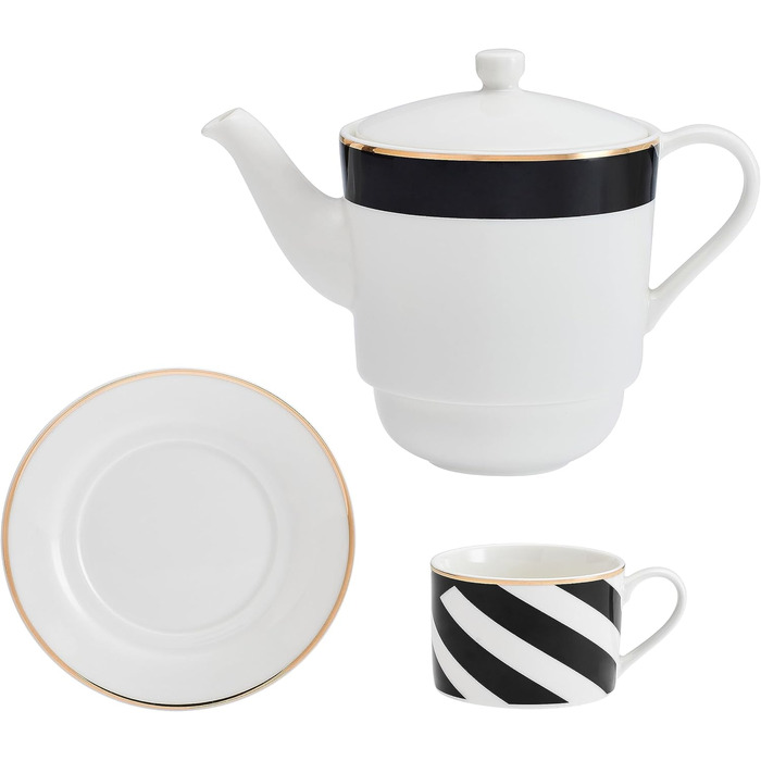 Mikasa Luxe Deco Porcelain Tea Set for One, Tea Set for One Person with Teapot, Cup, and Saucer, Stackable Tea Set, Dishwasher Safe