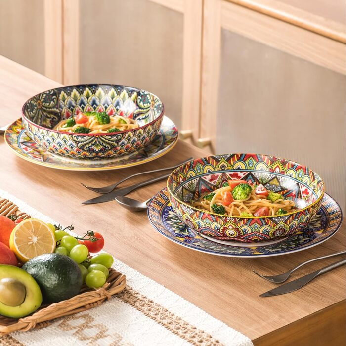 Набір тарілок Henten Home Mylo (2 шт.): супові та глибокі, 1500 мл. Тарілки для супу, пасти, салату в богемному стилі Boho, рожево-червоні відтінки