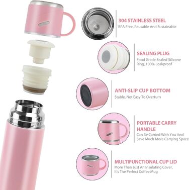 Термос IAGORYUE з нержавіючої сталі, 0.55л, з ізоляцією та кришкою без витоку, з ручкою. Подвійні стінки, зберігає температуру 12 годин. Для спорту, офісу, відпочинку на природі (Рожевий)