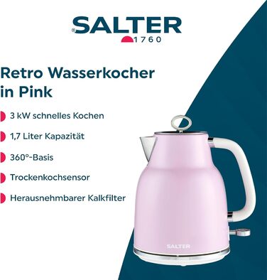 Електричний чайник Salter Retro 1.7L, 3kW, рожевий, знятний фільтр від накипу, бездротовий, з індикатором рівня води та захистом від сухого кипіння, EK5737PNKVDE