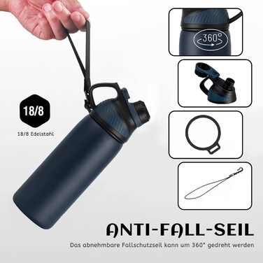 Фляга спортивна Fjbottle Edelstahl 1 л темно-синя з магнітною кришкою, BPA-free. Термофляга для школи, фітнесу, води, газованих напоїв