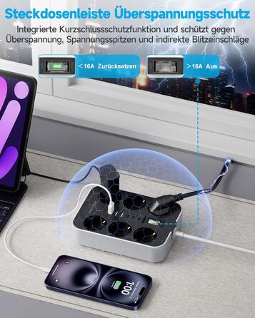 Мережевий фільтр 6-фазний з USB (3 USB-A, 3 USB-C), настінний, з вимикачем та кабелем 2м, захист від перенапруги, чорний