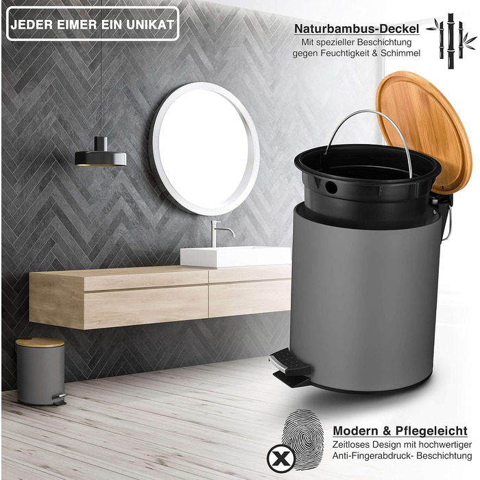 Смітник для косметики VMbathrooms на 3-5 л з педаллю, бамбуковою кришкою та системою Soft-Close, сірий матовий