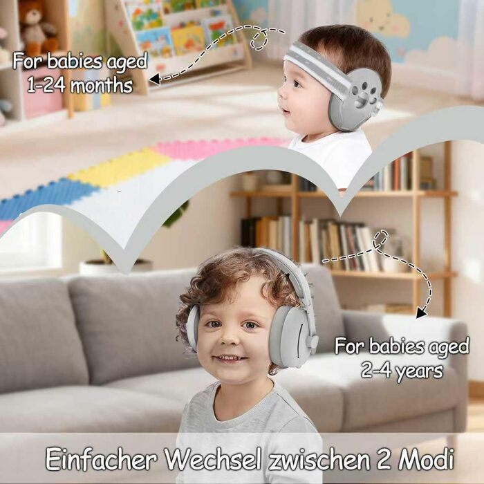 Навушники для дітей 0-4 роки, захист від шуму 24dB, регульоване наголов'я, сірий колір
