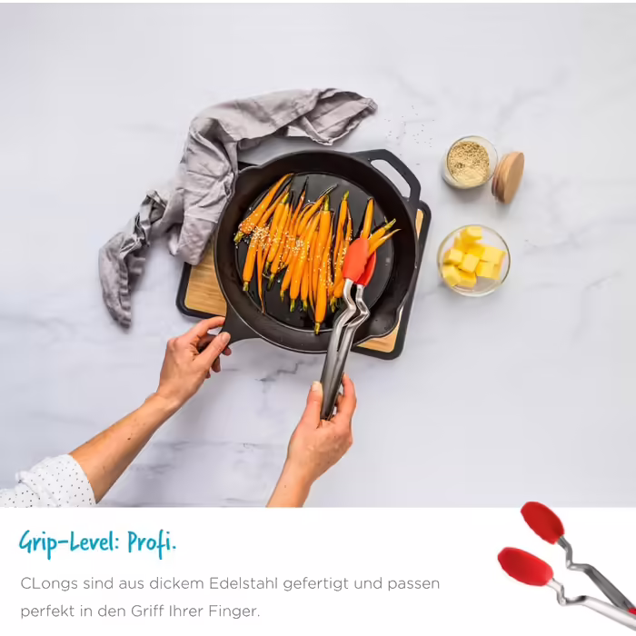 Dreamfarm CLONGS Kitchen Tongs - Stainless Steel and Silicone | 23 cm | Tongs for the Kitchen with Closure | For Resting and Placing on Surfaces or in the Pan | Dishwasher Safe | Heat Resistant up to 260°C