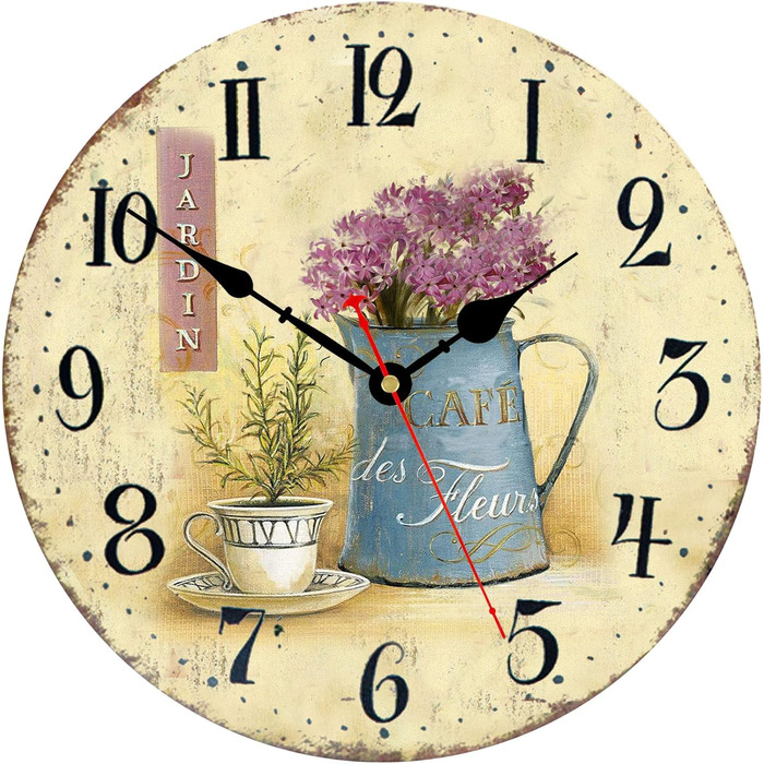 Toudorp Wooden Wall Clock 14 Inch Arabic Numerals Easy to Read Silent Wall Clock Retro Battery Operated Cafe and Flower Pattern Decorative Wall Clock for Bedroom, Living Room, Dining Room