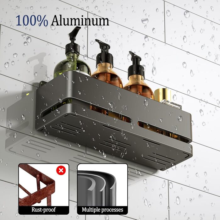 Настінна полиця для ванної кімнати (5 шт. в наборі) з мильницею та тримачем для зубних щіток, без свердління, для ванної та кухні (сірий) (сірий - 2 яруси)