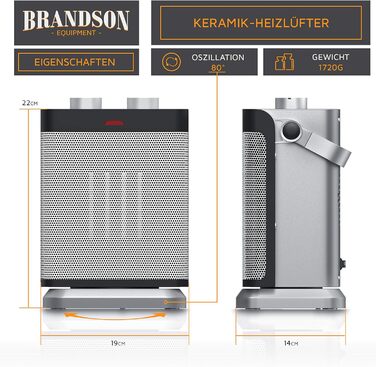Електричний обігрівач Brandson з 2 рівнями потужності, регулюванням температури, функцією вентилятора, захистом від перегріву та обертанням | 1800 Вт, сертифікат GS, сірий та срібний колір