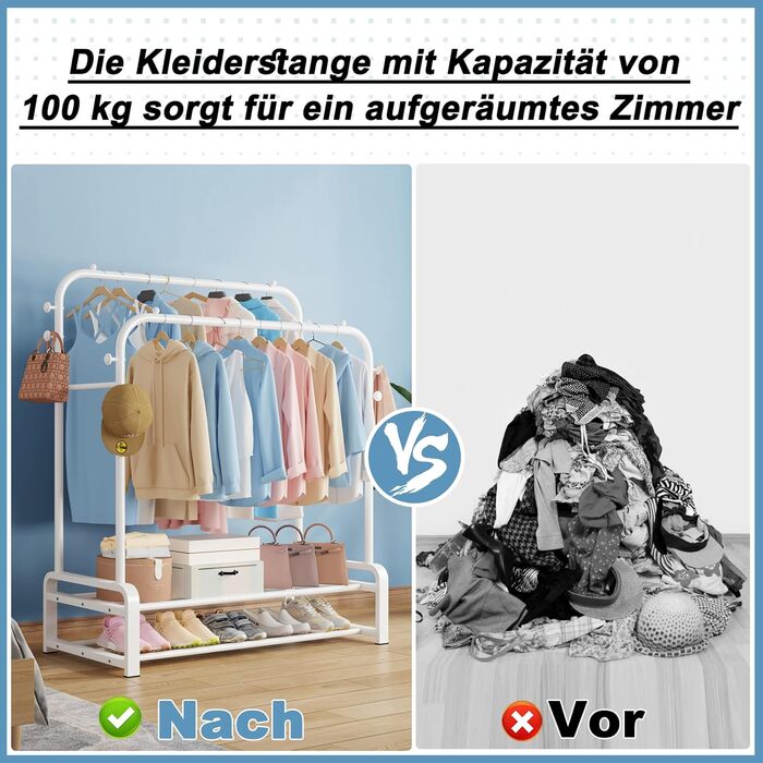 Freestanding clothes rack with double rod design, clothes hangers, 8 hooks, and 2 shoe shelves - Multifunctional wardrobe stand in white for the bedroom