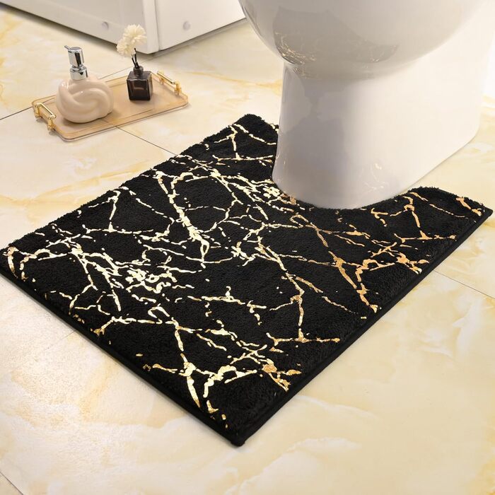 QJHOMO Non-Slip Bath Mat Washable, Bathroom Rug, Toilet Rug with Cutout Black Bathroom Carpet, Gold Decorative Toilet Rug Luxury Bathroom Accessories, soft Microfiber Absorbent Bath Rug 50x50 cm 50 x 50 cm with Toilet Cutout Black and Gold