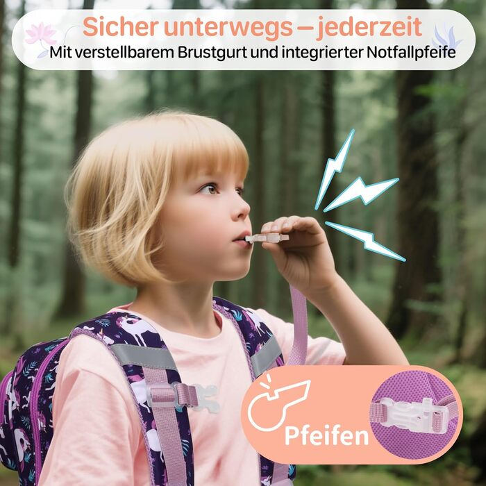 Дитячий рюкзак Bagseri Kinderrucksack для дівчаток 15L, легкий рюкзак для школи та 1-2 класу, з нагрудним ременем та ізотермічним відділенням, сумісний з DIN A4, з світловідбиваючими елементами, Deep Purple Einhorn