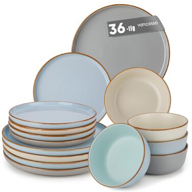 Набір посуду vancasso RENO 36 предметів: тарілки, супові тарілки, десертні тарілки, миски. Набір посуду з кераміки для 6 осіб, сучасний дизайн, безпечний для миття в посудомийній машині та розігріву в мікрохвильовій печі.