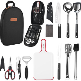 Набір кухонного приладдя для кемпінгу ISFORU 12шт: сковорода, ніж, лопатка, щипці, шумовка, дошки для нарізання. Чорний колір. Ідеально для пікніків, подорожей та походів