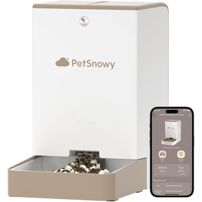 Автоматичний годівниця для котів та собак PetSnowy 4L з Wi-Fi, керування через додаток, подвійне живлення, 3-ох Frische-Lock, 1-10 прийомів їжі на день, Creamweiß (Braun)