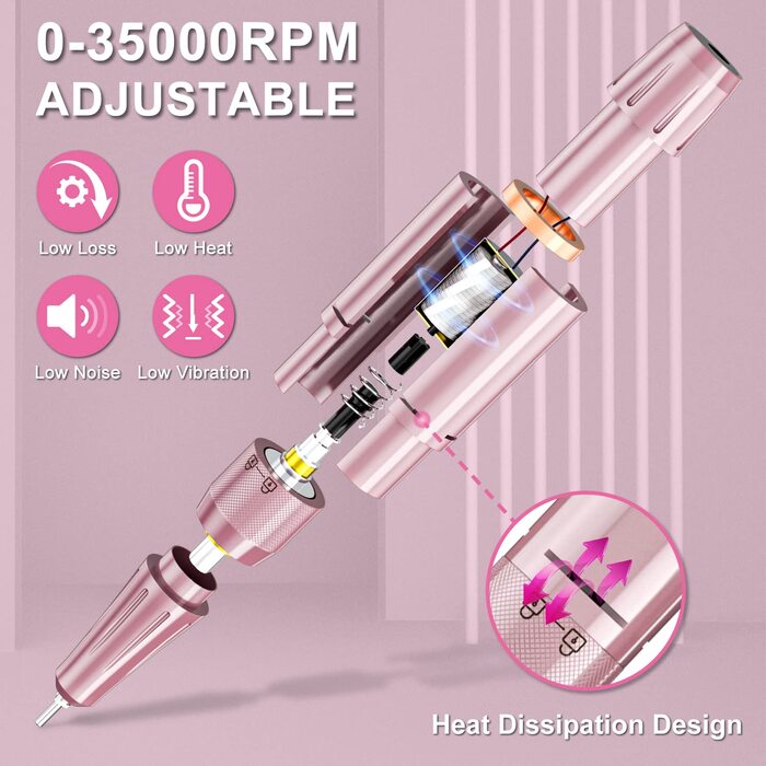 Професійний фрезер для нігтів ENGERWALL 35000 об/хв, акумулятор 20 годин, електрична фрезер для акрилу та гелю, бездротове манікюрне набір з 7 насадками, темно-сріблястий (Pro)