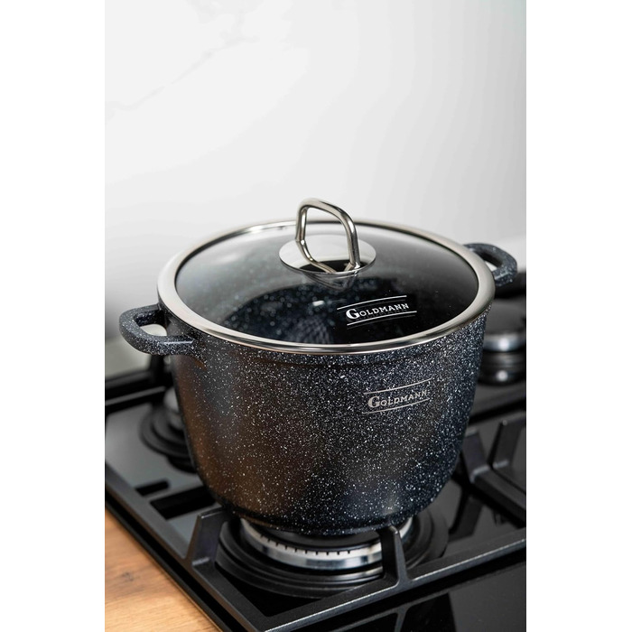 Каструля Goldmann 28 см з алюмінію з нержавіючою сталлю (10 л) з силіконовими ручками, антипригарне покриття з мармурової кераміки та скляною кришкою