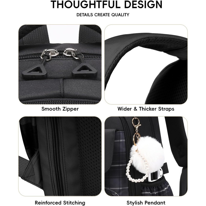 Шкільний рюкзак Tanou для дівчаток-підлітків, великий набір з сумкою через плече, в клітинку, 26л (чорний)