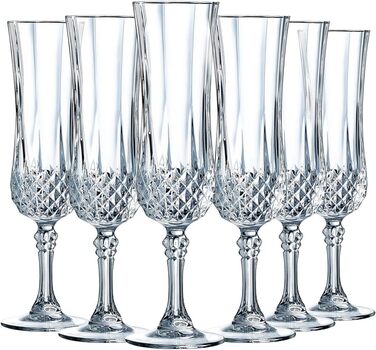 Cristal d'Arques Paris Longchamp Champagne Flutes, 14 cl, shiny, transparent, and highly resistant, made in France, Q7341, Clear, Set of 6 (1er Pack)