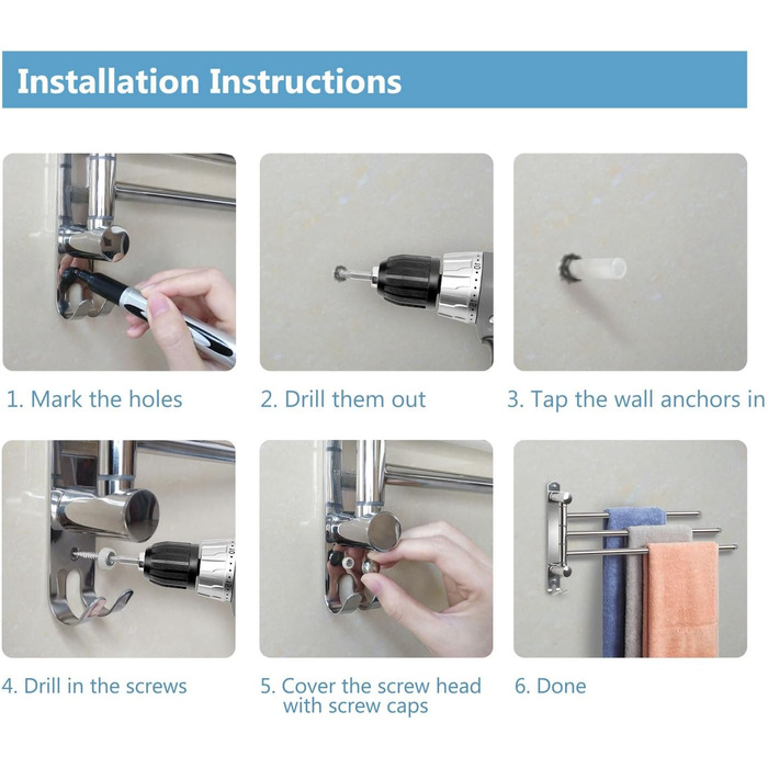 Тримач для рушників настінний поворотний 180° з нержавіючої сталі з 4-ма кріпленнями, для ванної, кухні та гардеробу, сріблястий