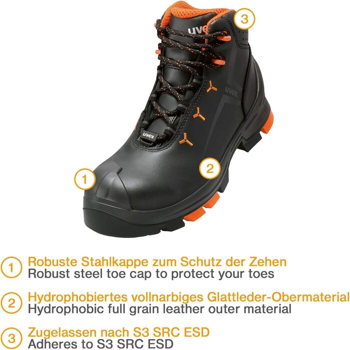 Черевики безпеки Uvex 2 S3L – легкі та дихаючі, без металу, з підошвою з поліуретану (SR), захист від проколів, ESD, розмір 43 EU, помаранчево-чорні