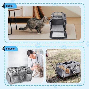 Велика переноска для тварин з двома відділеннями та колесами для кота/собаки, знімна та складана переноска для 2 котів до 20 кг, вентильована переноска-рюкзак для котів для подорожей/походів/кемпінгу