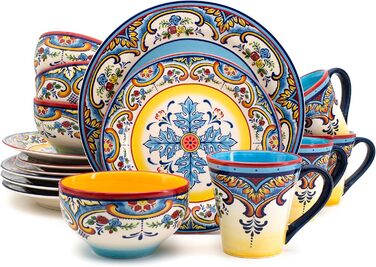Набір посуду Euro Ceramica Zanzibar Collection, 16 предметів, для кухні та їдальні, на 4 особи, з іспанським квітковим візерунком, блакитно-жовтий посудовий набір