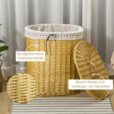 Кошик для білизни HOMCOM з кришкою з лози, 100 л, 51x38x57 см, натуральний колір. Коробка для білизни для спальні та ванної кімнати.