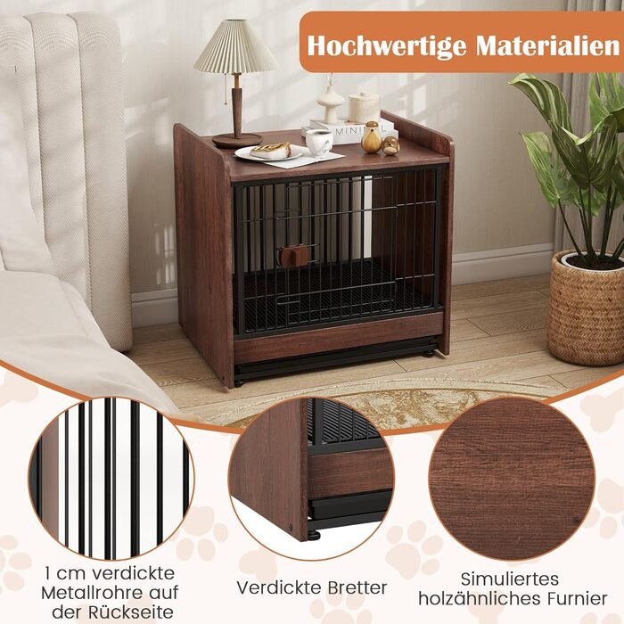 COSTWAY Клітка для собак 2 в 1 з нічним столиком, дерев'яна, коричнева, 62x49,5x61 см