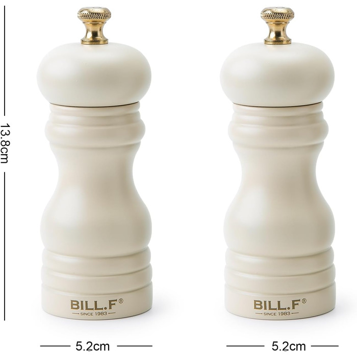 Набір для солі та перцю Bill.F, 2 шт., дерев'яні, ручні, з регульованим керамічним жорном, 13,5 см (чорний та кремовий)