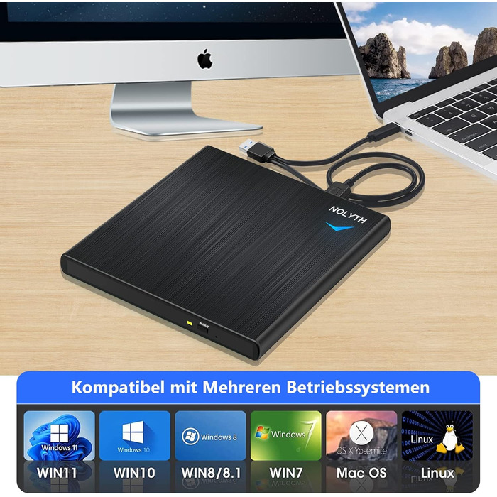 Зовнішній CD/DVD привід для ноутбука USB-C та USB: портативний DVD-плеєр та записувач для Mac, MacBook, Windows