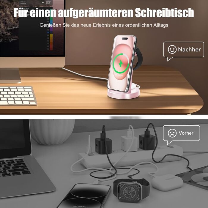 Бездротова зарядка 3-в-1 15W для iPhone 17 Pro Max/Plus, Apple Watch Ultra/SE, AirPods Pro - Рожева