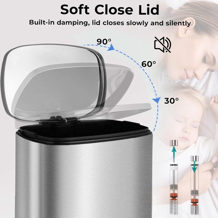 Відро для сміття LIFERUN 30л з кришкою, з м'яким закриттям, сталеве, з внутрішнім відром, для кухні, ванної кімнати, офісу