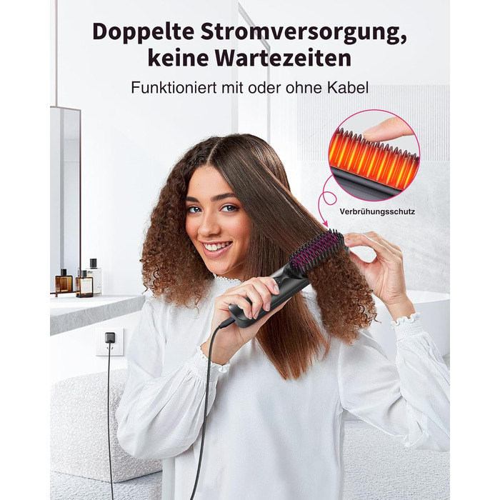 Bopcal Міні випрямляч для волосся - щітка-випрямляч, бездротова, 10000mAh, іонна технологія, професійний захист від опіків, швидкий нагрів, 6 температурних режимів, для подорожей, чорний