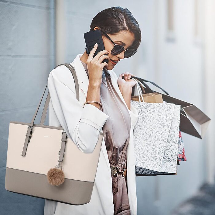 Сумка жіноча TANTOMI з гаманцем: велика сумка для офісу, школи, покупок, сіро-бежева з пензликами та пухнастим брелоком