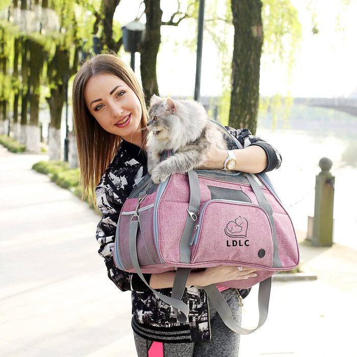 Транспортна переноска для собак та котів PETCUTE, переноска для тварин з м'яким матрацом, тканина Oxford, з регульованим ременем, відповідає стандартам авіакомпаній (Рожева, 51 x 23 x 35 см)