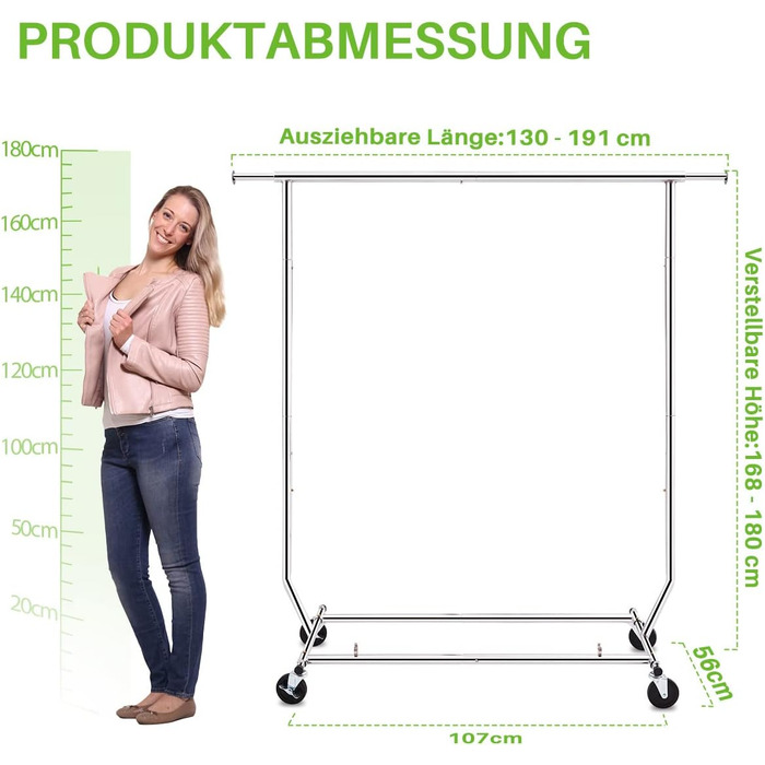 Стійка для одягу HOKEEPER для важких навантажень, до 181 кг, висувна штанга на колесах, міцна подвійна рейка, срібна (S001)