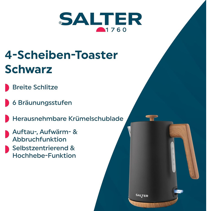 Електричний чайник Salter Toronto 1,7L, 3kW, чорний: швидке кип'ятіння, 360° підставка, фільтр від накипу, дерев'яний дизайн, бездротовий, захист від сухого кип'ятіння, автовимкнення, контролер Otter, чорний колір