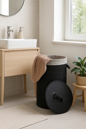 Великий круглий бамбуковий кошик для білизни з кришкою, 60 л, чорний