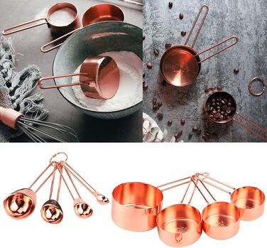 8-Piece Measuring Cup and Spoon Set, Stainless Steel Measuring Spoons with Buckle, Kitchen Baking Accessories for Milk-Tea Shops, Bars, Cafés, Kitchen Utensils (Color: Rose Gold)